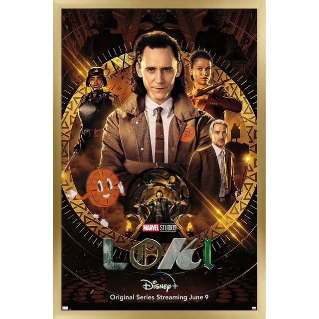Marvel Loki - One Sheet Wall Poster, 14.725" x 22.375" Framed depicting Loki in a brown jacket and striped tie with arms crossed at center, surrounded by other characters in dynamic poses against a golden circular background with mystical symbols, including Marvel Studios and Disney+ logos and 'Original Series Streaming June 9' text.