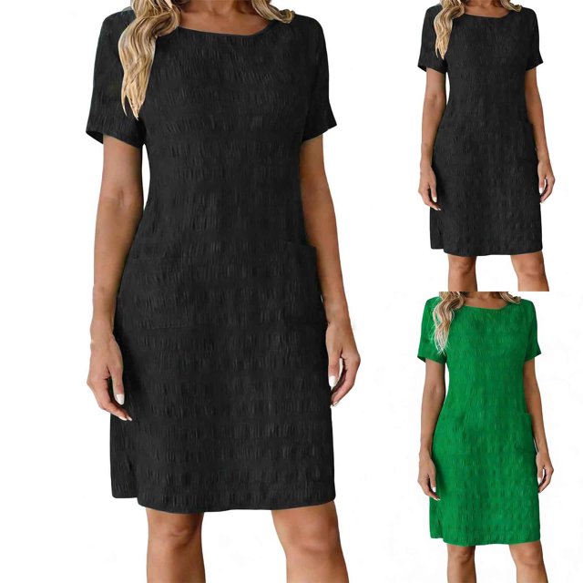 Mceream Robes pour Femmes Été Décontracté 2026 Élégantes Robes Courtes Col Rond Manches Courtes Robe Midi Coupe Ample Robes Droites Mode Vacances Plage Robe d'Été Noir TG