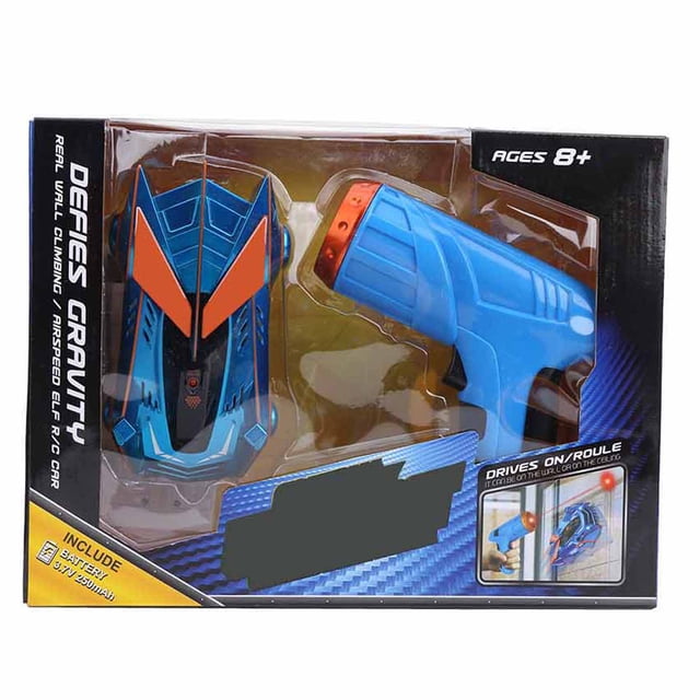 Tbest Voiture Télécommandée, Voiture de Course Escalade Murale avec Capteur de Lumière Infrarouge et 4 Roues Motrices, Illustrée en Bleu avec accents orange. Inclut une Télécommande Bleue et un Câble de Chargement USB, Emballée dans une Boîte Étiquetée « Défie la Gravité. » Idéale pour les Passionnés de Voitures RC et les Enfants de 8 Ans et Plus.