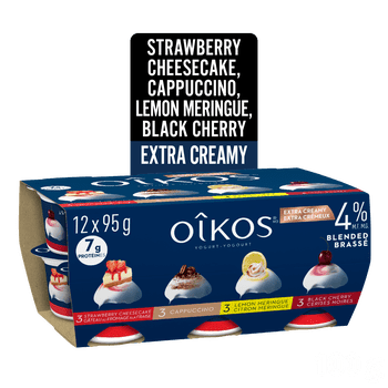Oikos Extra Creamy Yogurt, Strawberry Cheesecake/Cappuccino/Lemon Meringue/Black Cherry, 4% M.F., 12x95g