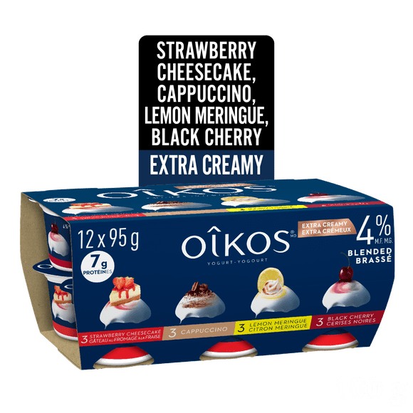 Oikos Extra Creamy Yogurt, Strawberry Cheesecake/Cappuccino/Lemon Meringue/Black Cherry, 4% M.F., 12x95g