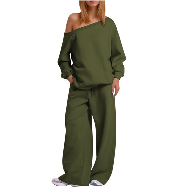 MeetoTime Women's 2 Piece Set Fleece Round Neck Pullover Sweatshirt Wide Leg Pants Tracksuit Lounge Outfit