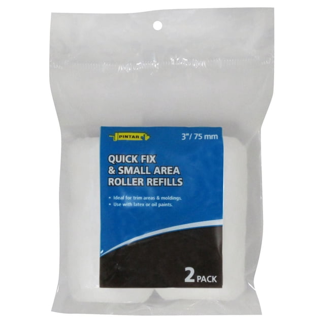 Pintar Recharge de Rouleaux pour Petite Surface, Lot de 2, Recharges de Rouleaux Blancs de 3 Pouces (75 mm) Conçues pour des Réparations Rapides et de Petites Zones comme les Garnitures et les Moulures, Compatibles avec les Peintures au latex et à l'Huile, Emballées dans un Plastique Transparent.