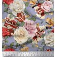 thumbnail image 1 of Soimoi Tissu en Coton Gris Cambric Imprimé Feuilles & Roses Floral au Mètre 42 Pouces de Large, 1 of 3