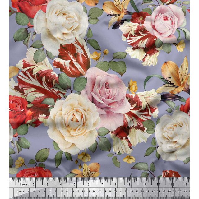 Soimoi Tissu en Coton Gris Cambric Imprimé Feuilles & Roses Floral au Mètre 42 Pouces de Large