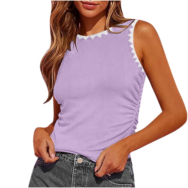 Besolor 2024 Summer Workout Tank Tops for Women Crewneck Knit Ribbed Side Ruched Crop Tops Sleeveless Trendy T Shirts