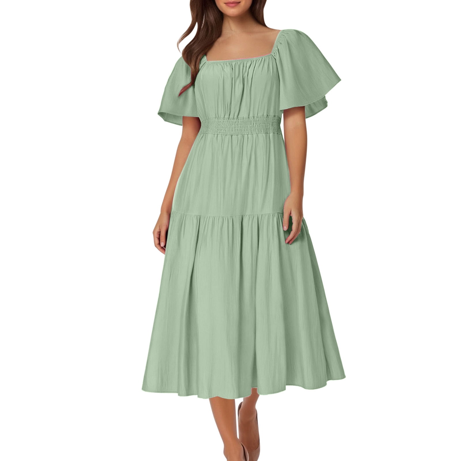 Liquidation d'Économies d'Été 2025 Bovxnpu Robe d'Été pour Femme, Robes Maxi Décontractées pour Femme Robe Bohème de Plage, Robe d'Été Décontractée pour Femme à Encolure Carrée à Manches Courtes Unie m