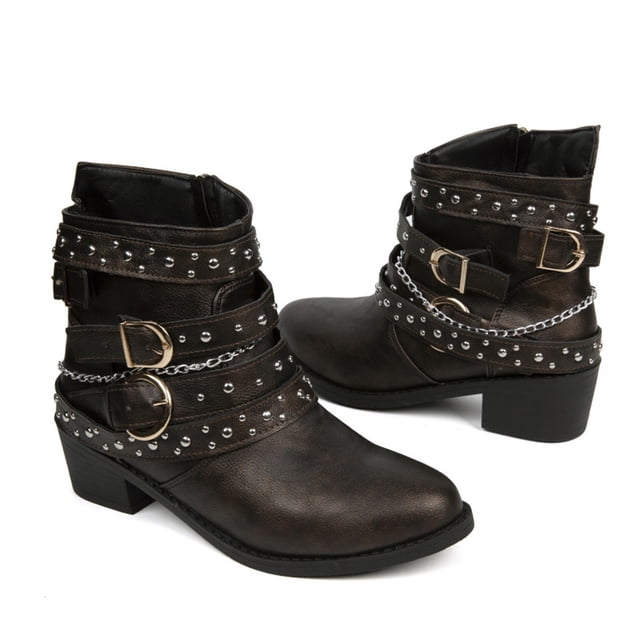 hopeusnice Bottines pour Femmes à la Cheville, Bottes à Boucle et Chaîne Cloutées, Talon Bas, Talon Bloc, Fermeture Éclair, Bout Rond, Bottines Courtes en Suède, Brun 38