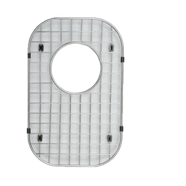 American Imaginations 10.625-in. W Kitchen Sink Grid AI-34773 with an oval stainless steel grid in chrome finish, designed for drop-in installation, featuring a rectangular pattern and central circular cutout, with black rubber feet to protect the sink surface, ideal for kitchen sink organization.