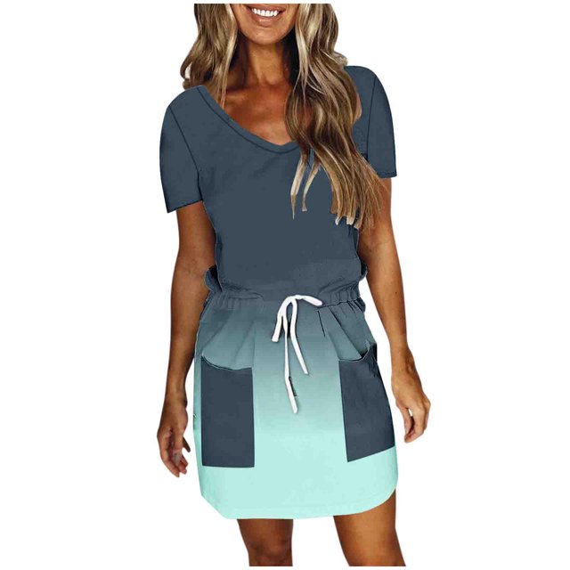 Birdeem Robes pour Femmes Mode Féminine Couleur Unie Manches Courtes Col en V Mi-Mollet Robe