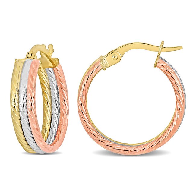 10K Yellow, White and Rose Gold Triple Row Twisted Hoop Earrings