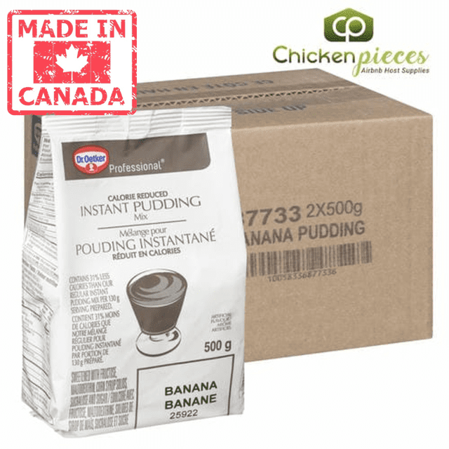 Oetker Pudding Banane Instantanée à Teneur Réduite en Calories 500 G/1,10 Lb (2/caisse) - Fabriqué au Canada. Vue Orientée vers l'Avant d'Un Lot de 500 g de Mélange Instantané de Pudding à Teneur Réduite en Calories Dr. Oetker, Présentant un Étiquetage Bilingue et une Représentation Claire du Pudding. l'Emballage Est Placé à Côté d'Une Boîte en Carton Étiquetée « Banane Pudding 2x500 g », Soulignant la Quantité de l'Ét