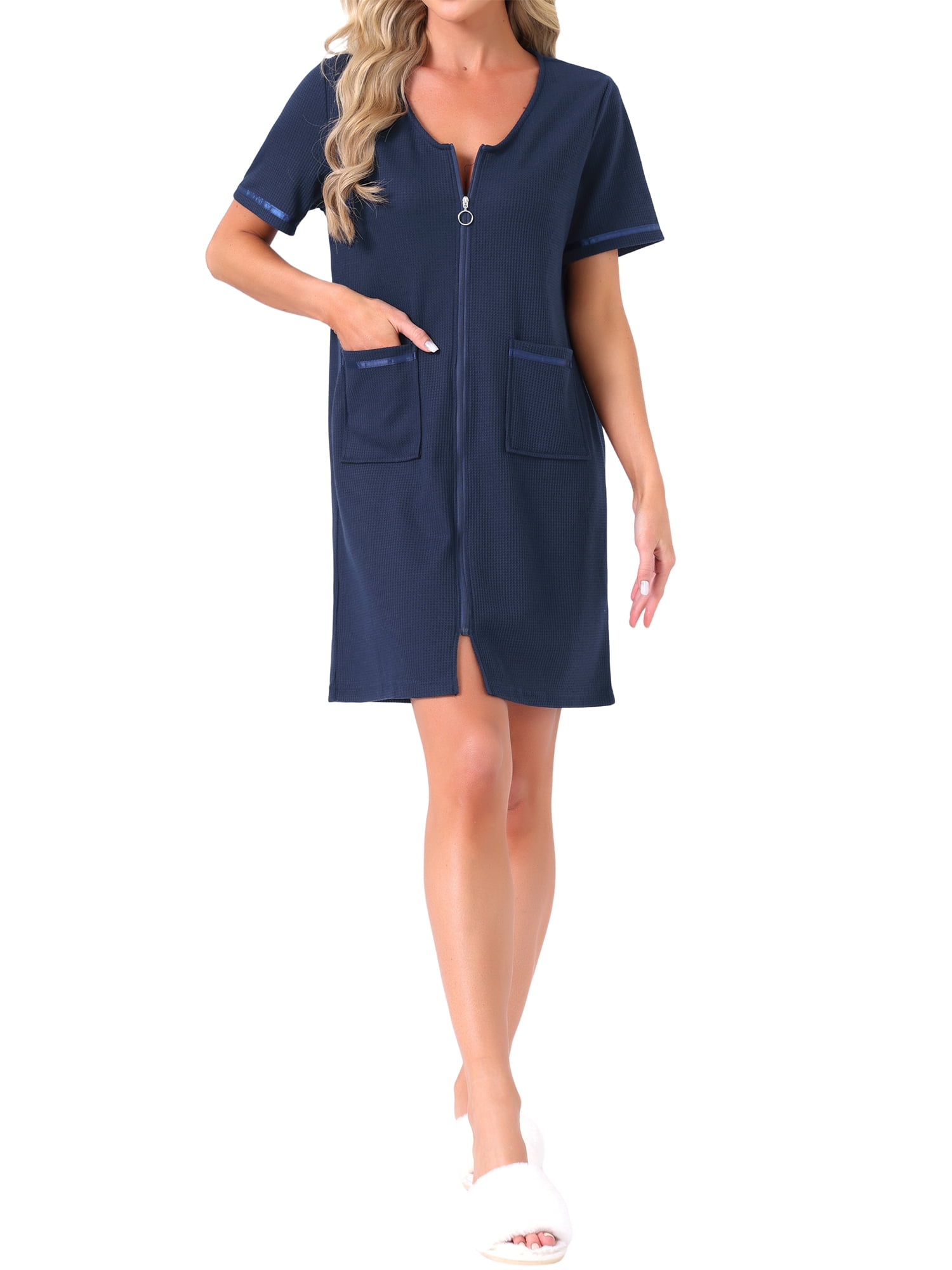 INSPIRE CHIC Women's Zip-Up Knit Robe Short Sleeve Open Front Loungewear with Pockets M Blue