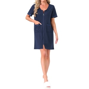 INSPIRE CHIC Women's Zip-Up Knit Robe Short Sleeve Open Front Loungewear with Pockets M Blue