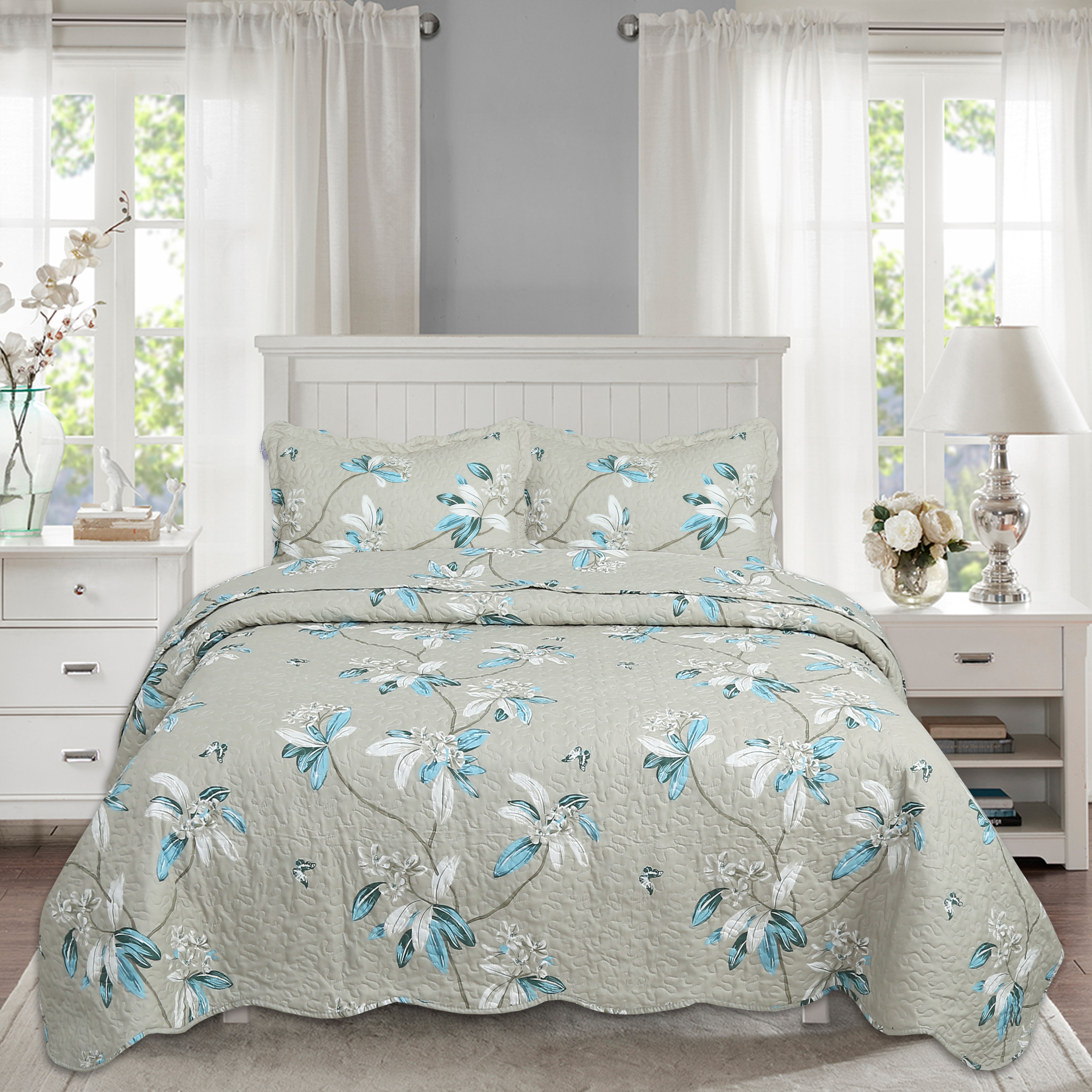 Marina Decoration Couvre-lit à imprimé riche et coutures ultra douces, parure de lit d'été avec taie d'oreiller matelassée, motif floral taupe moderne