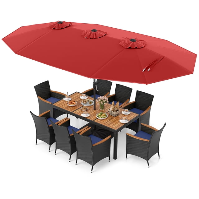 Costway 11 PCS Patio Wicker Dining Set with Double-Sided Outdoor Umbrella 8 Stackable Chairs