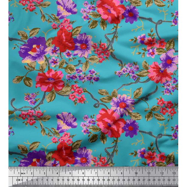 Soimoi Polyester Crepe Fabric Leaves & Floral Print Fabric by Yard 52 Inch Wide