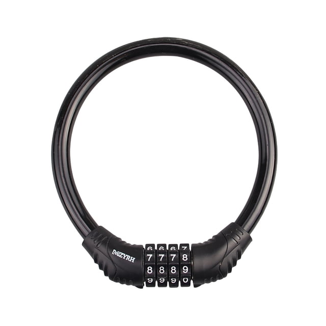 EGNMCR Bike Accessories Bike Lock Cable Locks for Bicycle Heavy Duty Combination Chain Security Digital. A black PVC-coated cable lock with a four-digit combination dial, ideal for bike security and anti-theft protection. Compact and lightweight at 100 grams, featuring a durable alloy lock mechanism. The lock measures 14.5x12.5cm and includes instructions for resetting the password. Suitable for dorms, RVs, and home offices.