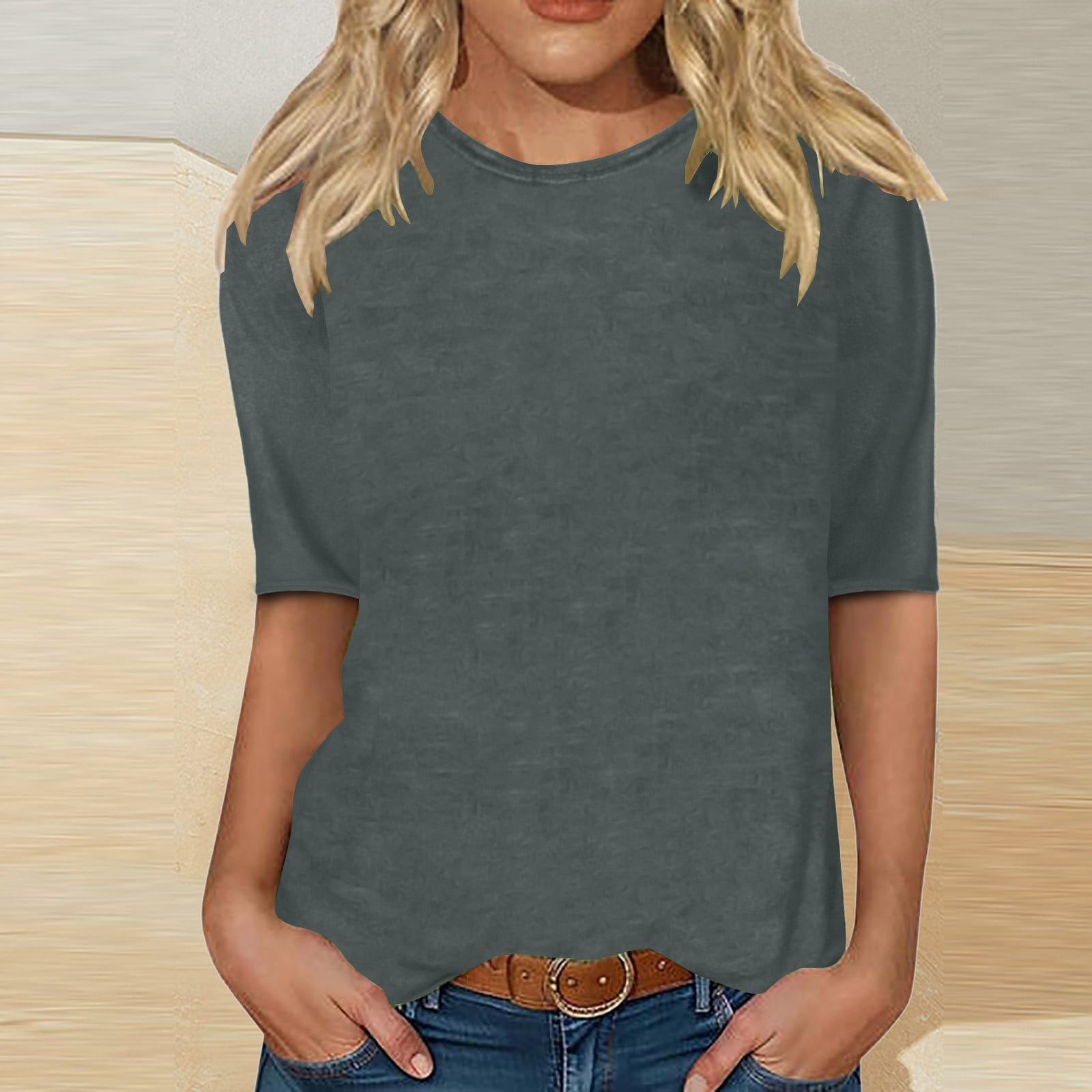 CFLVAEK T-Shirts Classiques à Manches 1/2 pour Femmes, Col Rond Décontracté, Blouse Unie, T-Shirts Confortables pour Dames 2024, Hauts de Sortie