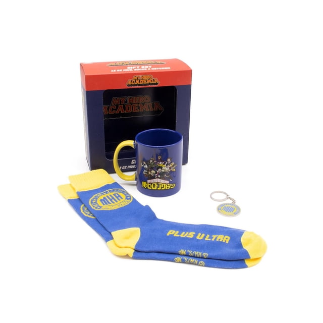 Coffret Cadeau 3 Pcs Loot Box - Coffret de Collection « My Hero Academia » Face vers l'Avant par CultureFly Montrant une Boîte de Collection Imprimée avec une Tasse en Céramique, une Paire de Chaussettes Mi-Mollet Pliées et un Porte-Clés en Métal Présentant un Emblème d'Anime sur un Fond Neutre. Utilisé comme Cadeau Prêt à Offrir pour les Collectionneurs de My Hero Academia.