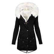 Women Parka Jacket, Winter Fashion Warm Long Hood Coat Thicken Fleece Button Overcoat Women's Winter Quilted Jacket S-38 Black S
