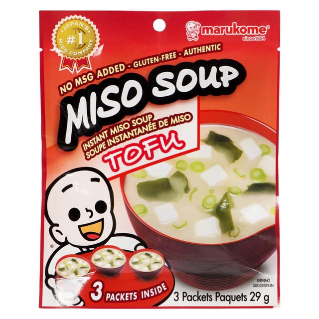 Marukome Miso Soup Instantané (Tofu), Emballage de 29 g avec Motif Rouge-Orange Montrant un Bol de Miso Soup Contenant des cubes de Tofu, des Algues et des Oignons Verts, Étiqueté Sans Gluten et Sans MSG Ajouté, Comprend 3 Sachets, Idéal pour une Soupe Japonaise Authentique Rapide Ou un Repas Léger.
