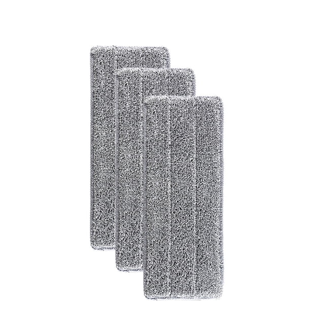 RXIRUCGD 3 Pack Gray Mop Pads made of microfiber material, designed for cleaning hardwood and hard-surface floors. These reusable and super-absorbent mop pads are machine washable and measure 33x12mm. The image shows three gray mop pads with a textured surface, suitable for use as replacement mop heads for household cleaning.