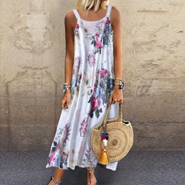 EGNMCR Robes d'Été Femmes Tendance 2024 Femmes Vintage Sans Manches Grande Taille Bohème à Imprimé Floral Robe Maxi