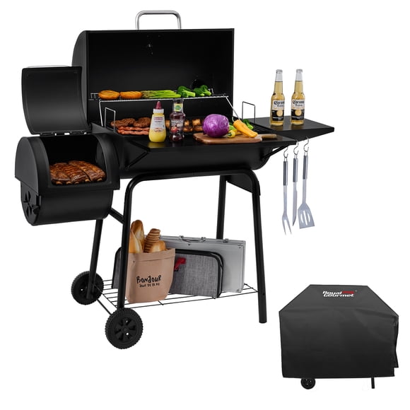 Royal Gourmet Gril au Charbon avec Fumoir Déporté, Surface de Cuisson de 823 Pouces Carrés au Total, avec Housse Incluse, Parfait pour la Cuisine dans la Cour Arrière, Noir
