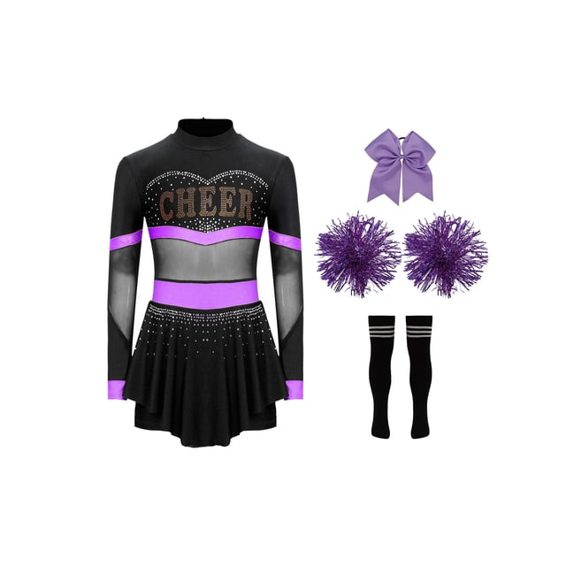 Aislor Tenue de Cheerleading pour Filles Enfants Halloween Cheer Leader Costume de Cosplay Rave Fête Danse Justaucorps Robe Violet B 14
