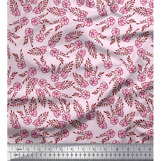 Soimoi Silk Fabric Leaves & Floral Block Printed Fabric 1 Yard 42 Inch Wide