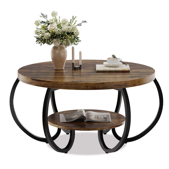 Yiwa Table Basse Ronde à 2 Niveaux de 30 Pouces, Table Centrale Industrielle à Grain de Bois avec Tablette de Rangement et Niveleurs Réglables