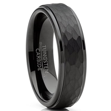 Mens Tungsten Black Wedding Band Ring Hammered Center Comfort-Fit 6MM