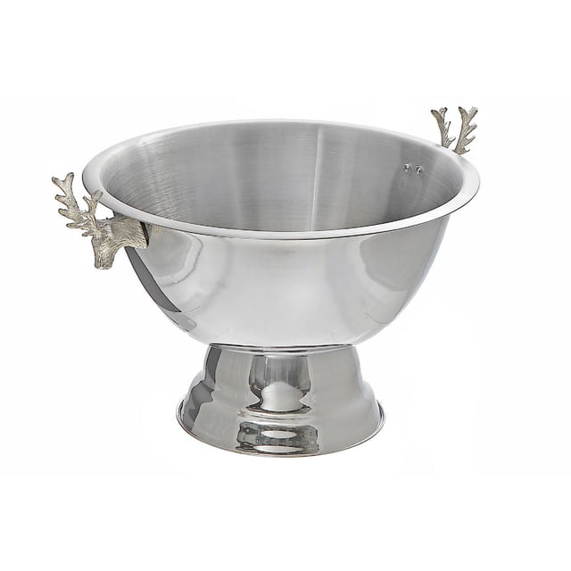 Stainless Steel Bowl With Reindeer Handle 9.44" featuring a polished silver finish and two detailed reindeer head handles with antlers on opposite sides, set on a rounded pedestal base, ideal for serving fruits, salads, or snacks and enhancing festive table settings.