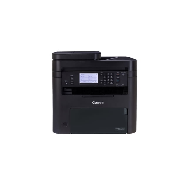 Canon imageCLASS MF275dw Wireless All-In-One Monochrome Laser Printer front view with a compact black design, featuring a control panel with a backlit LCD screen, numeric keypad, and buttons for copy, fax, scan, and energy saver mode, ideal for efficient black-and-white printing in home or small office environments with WiFi Direct connectivity.