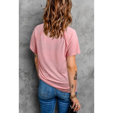 POGLIP Women's Pink Everything Is Fine Letters Graphic V Neck T-shirt