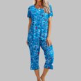 thumbnail image 2 of Mikilon Pyjama Décontracté pour Femmes, Ensemble de Sommeil, Mode, Imprimé, Manches Courtes, Pantalon Capri, 2 Pcs, Col Rond, Tenue de Détente Décontractée avec Poches, Ensemble 2 Pcs, Bleu Foncé-A TP, 2 of 8