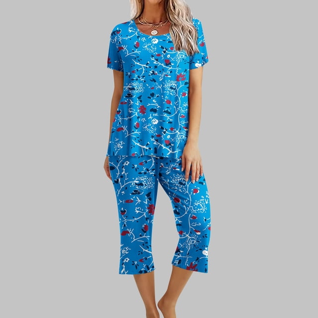 Ensemble de Pyjama pour Femmes à Col Rond Imprimé, Manches Courtes, Chemise de Nuit et Pantalon, Tenue d'Intérieur avec Poches