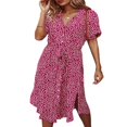 thumbnail image 3 of Femmes Bouton vers le Bas Midi Robe à Manches Courtes Imprimé Floral Ceinture en Vrac Robe Chemise Jaune M, 3 of 8