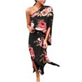 thumbnail image 2 of LOVZFMLL Robe d'Été pour Femme, Aguichant, à une Épaule, Imprimée, Ample, Ourlet Fendu à Moitié, Manches, Noir, m, 2 of 5