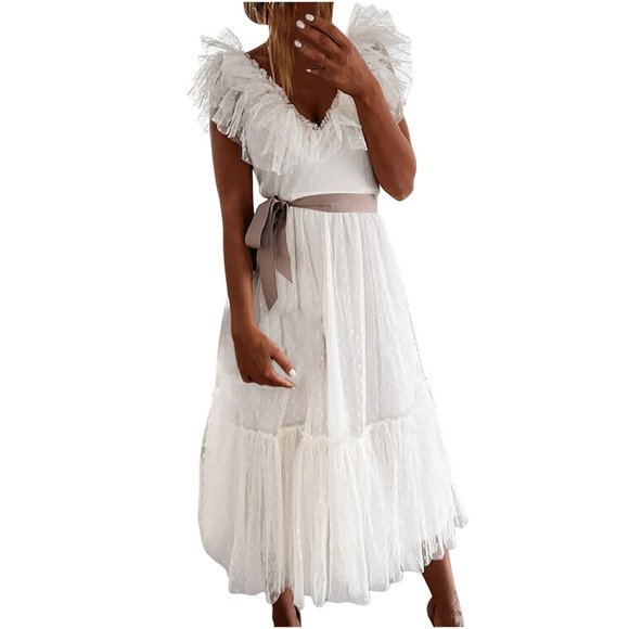 Womens White Prom Dresses Wedding Guest Dress Sleeveless Mesh Lace Flowy Long Dresses Homecoming Dresses