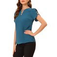 thumbnail image 4 of INSPIRE CHIC Blouse à Col Ras du Cou en V Découpé à Fente pour Femme, Décontractée, Poignets Froncés, TP Bleu Marine, 4 of 6