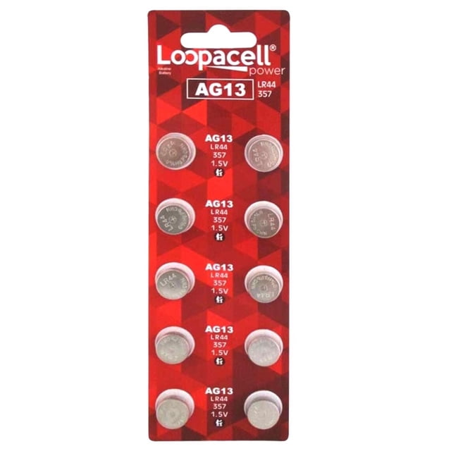 10 Pack LOOPACELL AG13 LR44 357 Button Cell Battery in red packaging with individual compartments for each battery. Batteries are labeled AG13 LR44 357 1.5V and compatible with devices like watches, cameras, calculators, car security alarms, and keyless remotes. Equivalent to GPA76, A76, SR44, and other listed models.