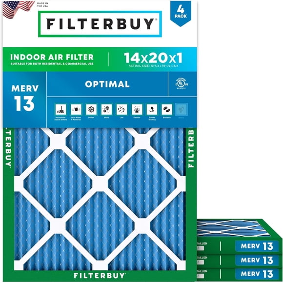 Filterbuy 14x20x1 MERV 13 (MPR 1900) Health Defense, Pleated HVAC AC Furnace Air Filters (4-Pack)