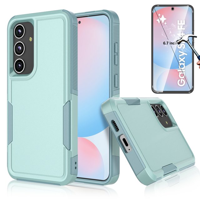 Samsung Galaxy S24 FE Case with Tempered Glass Screen Protector, Njjex Heavy Duty Rugged Shockproof Full Body Protective 2-IN-1 Phone Case Cover for Galaxy S24 FE, Green