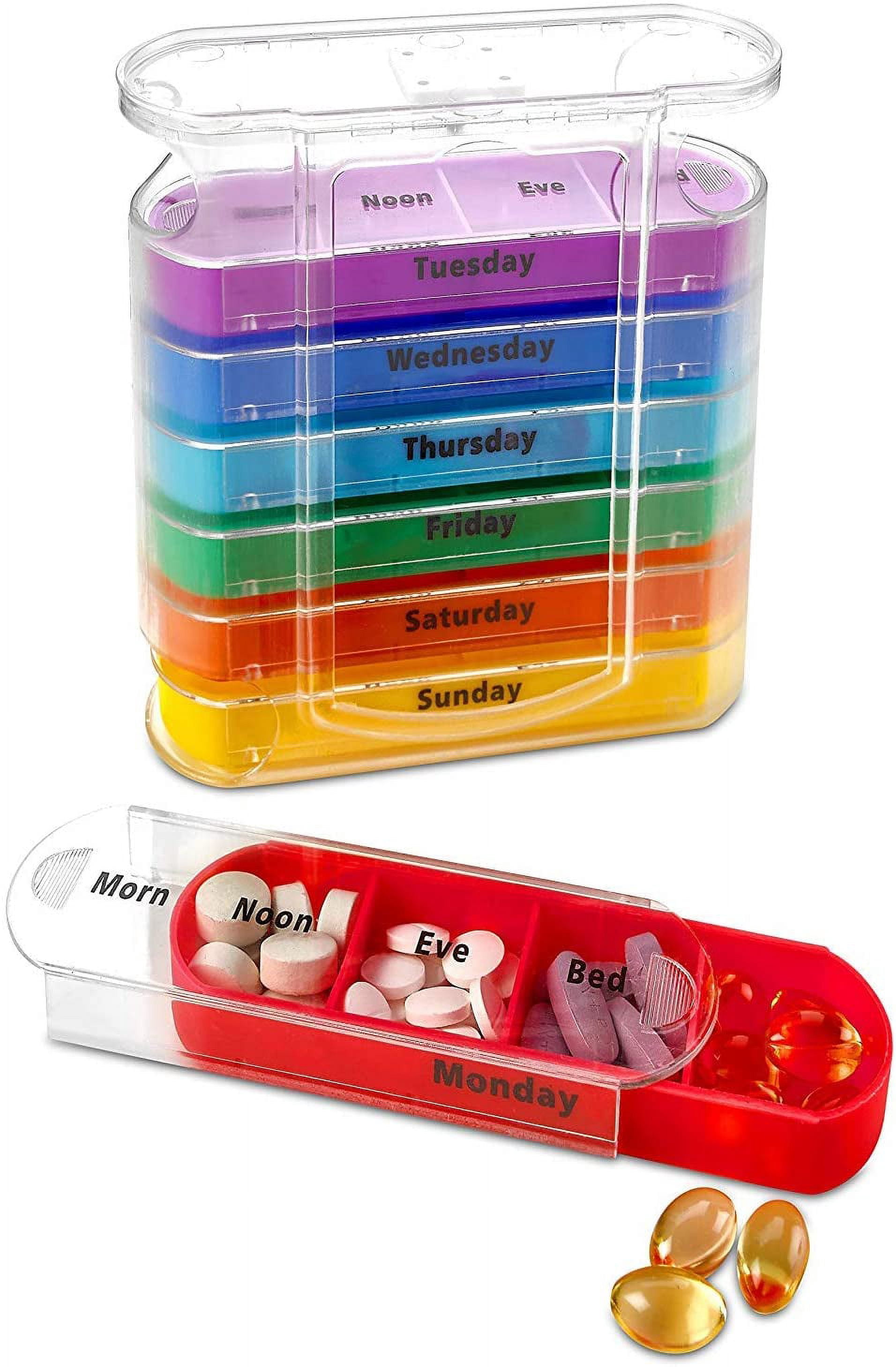 Stackable Daily Pill Organizer - 2 Pack, 4 Times a Day Weekly Medication Reminder - Premium Weekly AM/PM Pill Box with 7 Individual Stacking Cases, a Everyday Medicine Organizer for Vitamins