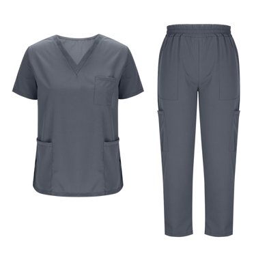 yoeyez Scrubs for Women Petite Pants,Womens Modern V Neck Scrub Top andjogger Pant With Multi Pocket for Nurse Workwear Gray