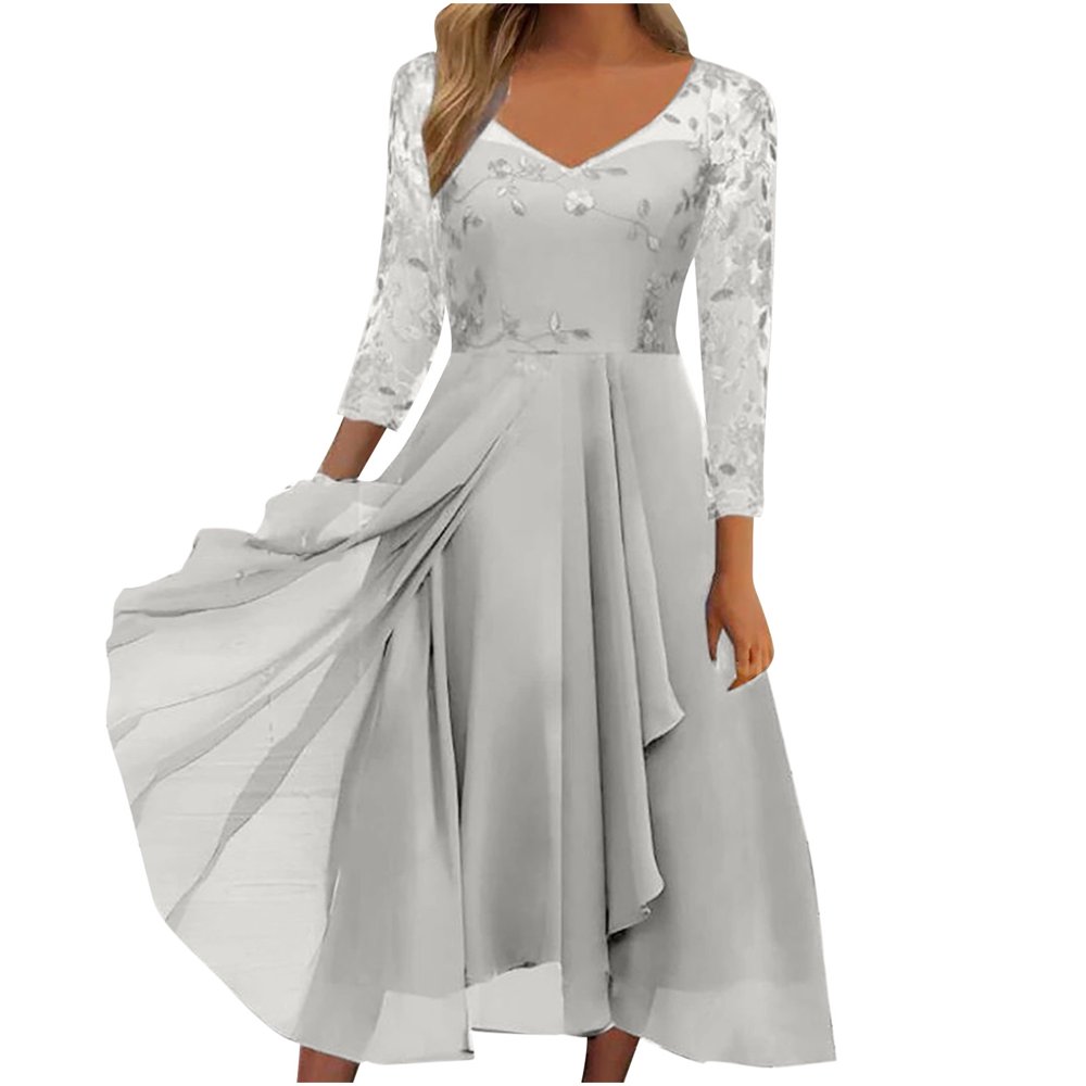 QJUHUNG Formel pour Femmes Soirée Robe Midi Été Col en V Manches Courtes T-Shirt Soirée Invitée de Mariage Style Asymétrique B-8 Cocktail Gris_i L