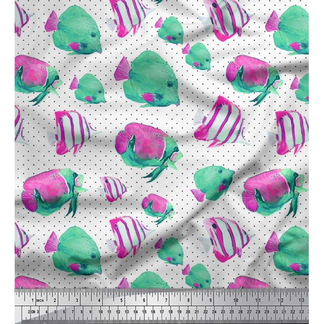 Soimoi Velvet Fabric Dot & Fish Ocean Decor Fabric Printed Yard 58 Inch Wide