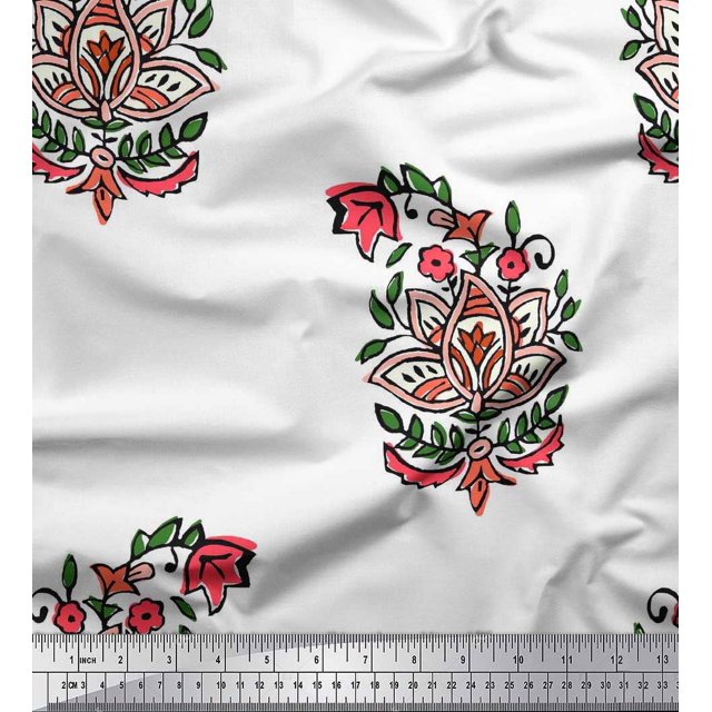Soimoi Poly Georgette Fabric Leaves & Floral Block Print Fabric by Yard 52 Inch Wide